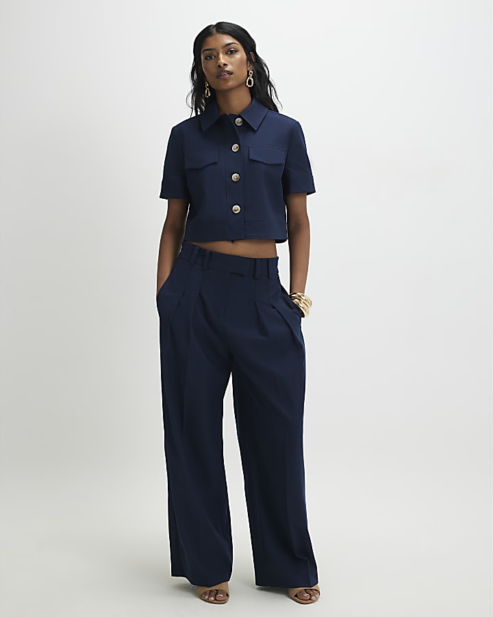 Navy Short Sleeve Cropped Jacket