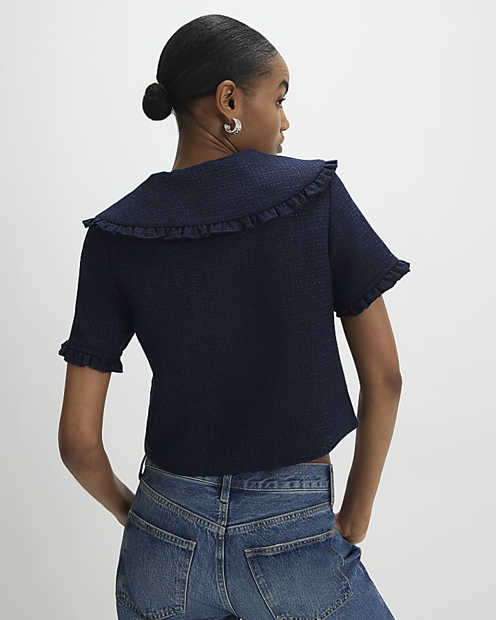 Navy Oversized Collar Boucle Top