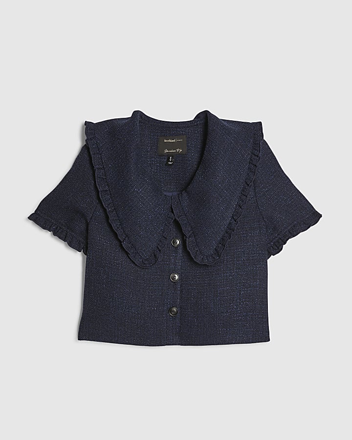 Navy Oversized Collar Boucle Top