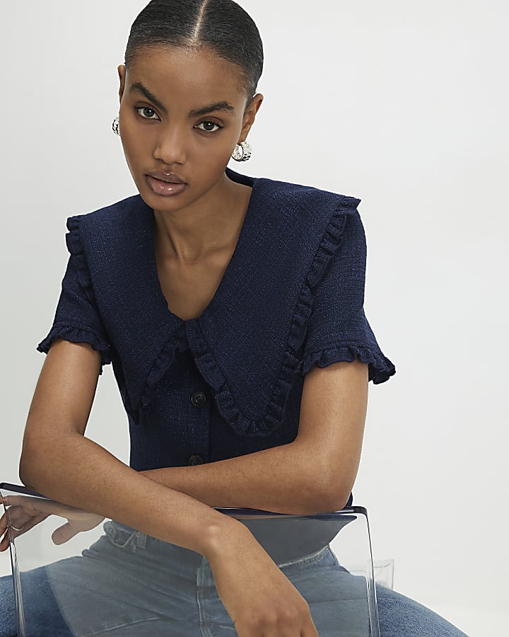 Navy Oversized Collar Boucle Top