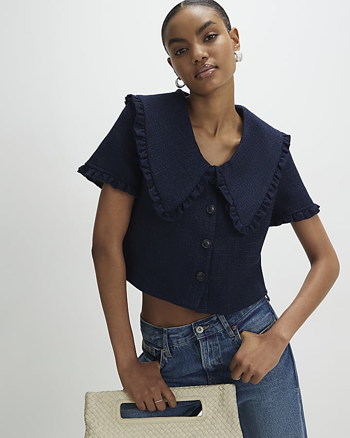 Navy Oversized Collar Boucle Top