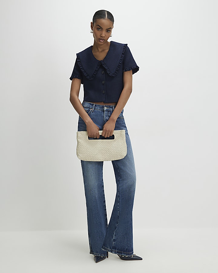 Navy Oversized Collar Boucle Top