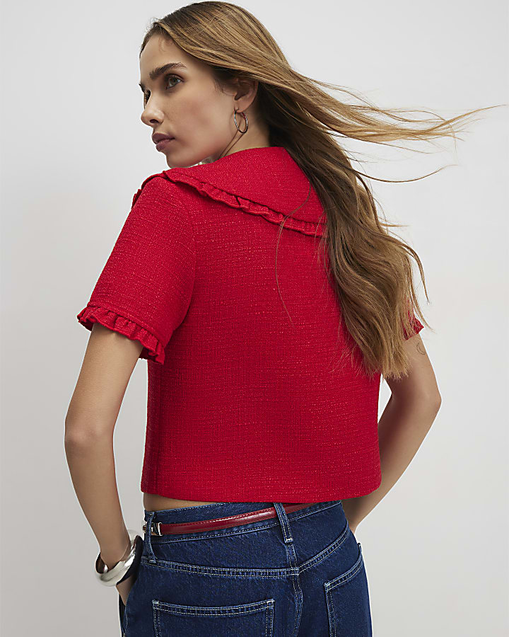 Red Oversized Collar Boucle Top