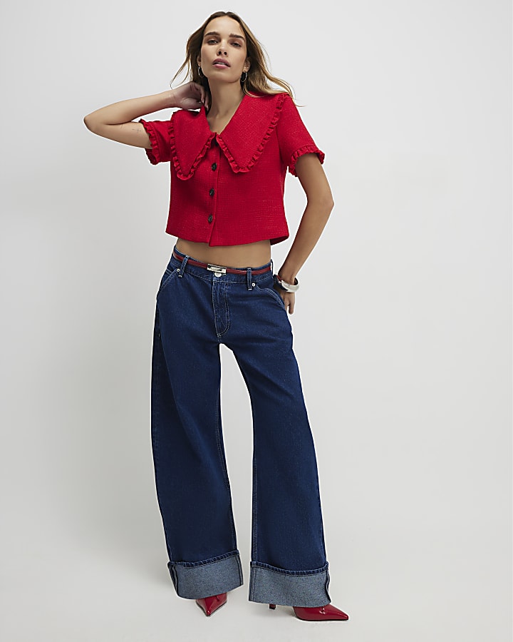 Red Oversized Collar Boucle Top