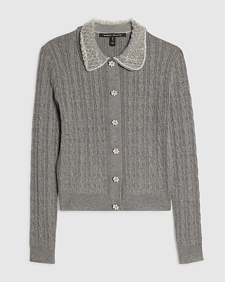 Grey Embellished Collar Cardigan
