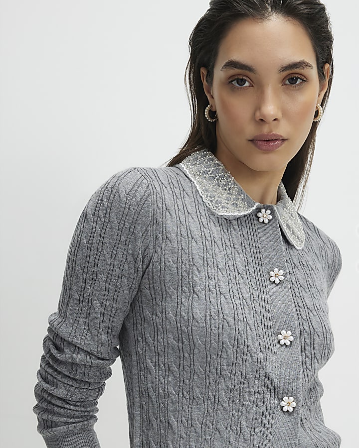 Grey Embellished Collar Cardigan