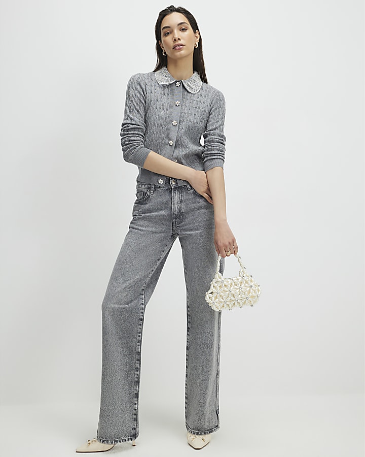 Grey Embellished Collar Cardigan