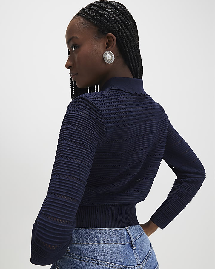 Navy Collared Flower Detail Cardigan