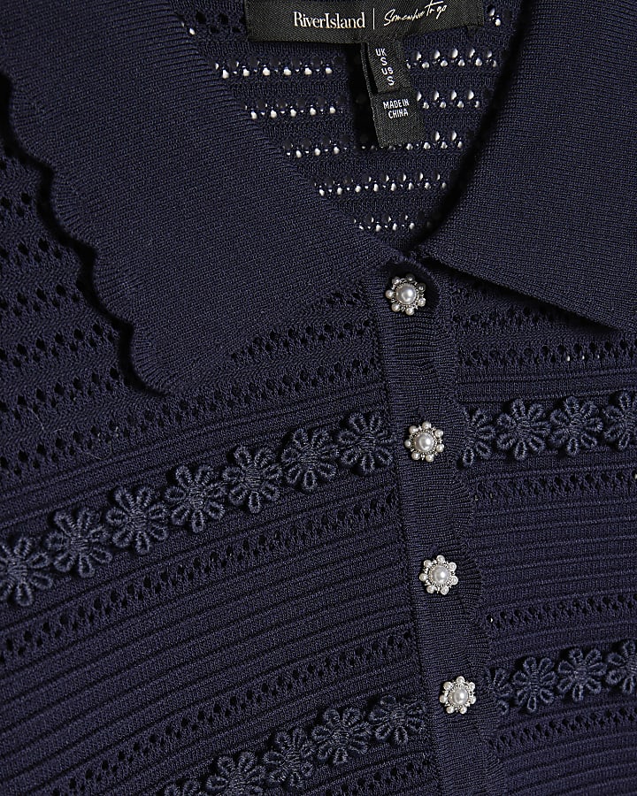 Navy Collared Flower Detail Cardigan