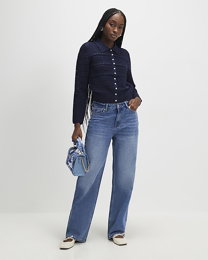 Navy Collared Flower Detail Cardigan