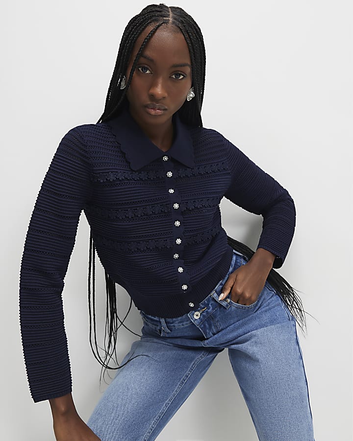 Navy Collared Flower Detail Cardigan