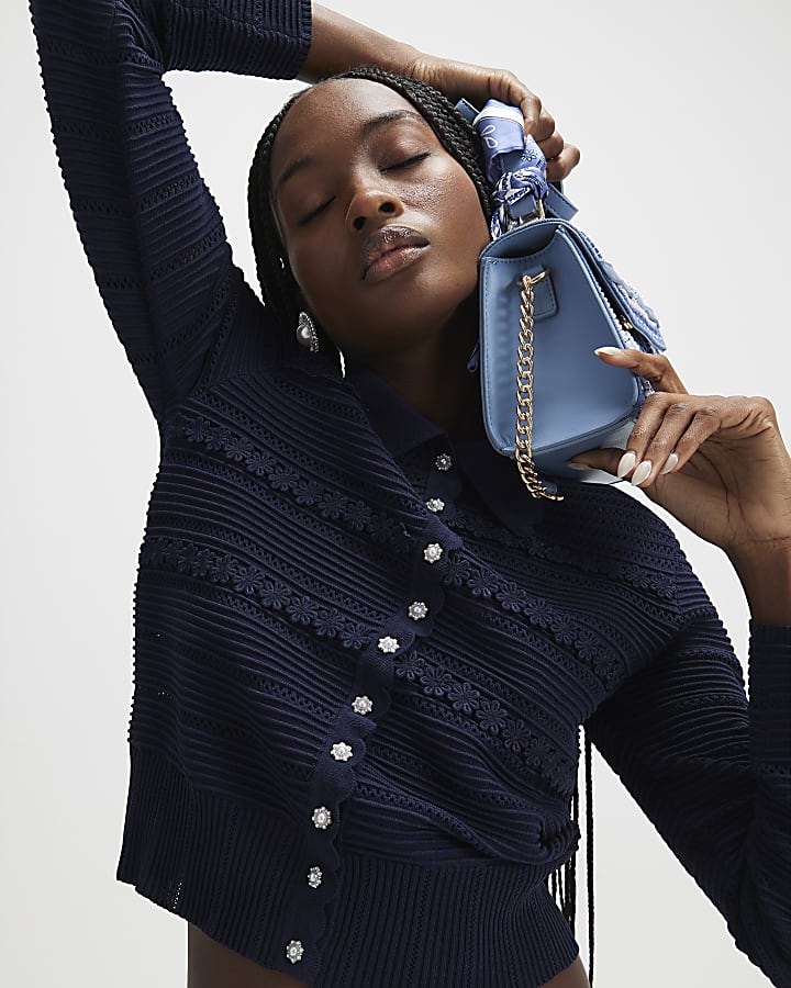 Navy Collared Flower Detail Cardigan