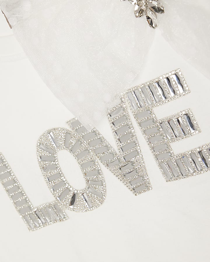 White Short Sleeve Embellished Love T-shirt