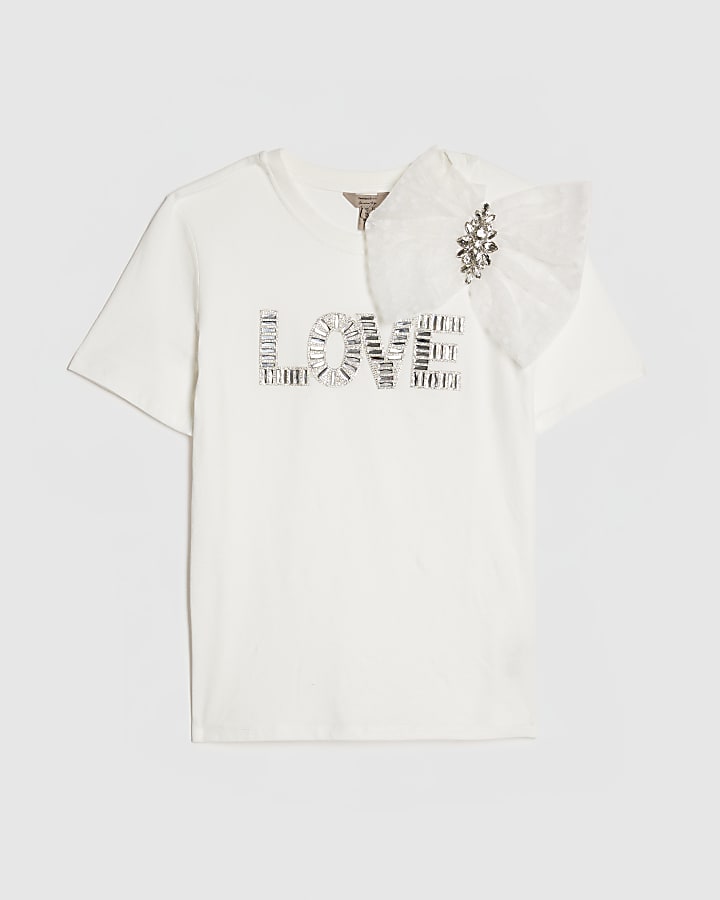 White Short Sleeve Embellished Love T-shirt