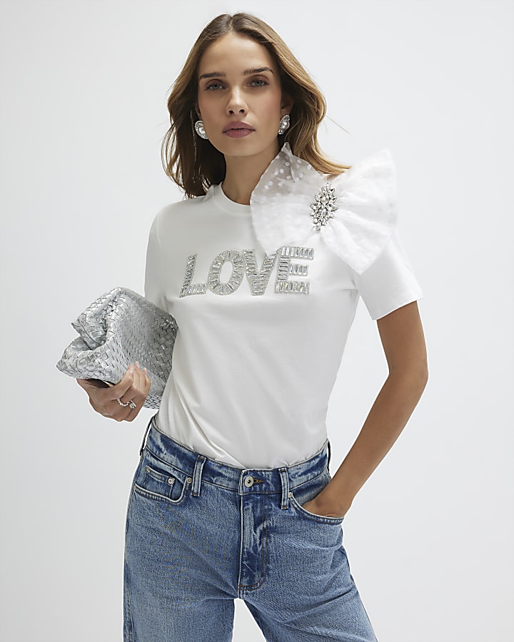 White Short Sleeve Embellished Love T-shirt