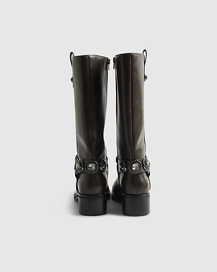 Brown Embellished harness boots