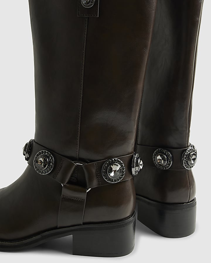 Brown Embellished harness boots