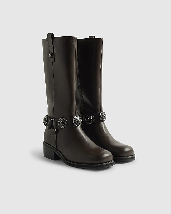 Brown Embellished harness boots
