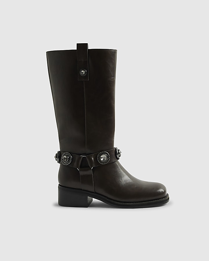 Brown Embellished harness boots
