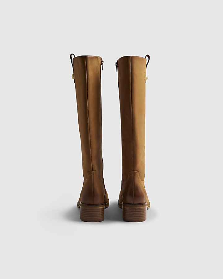 Beige Nubuck Leather Knee High Boots