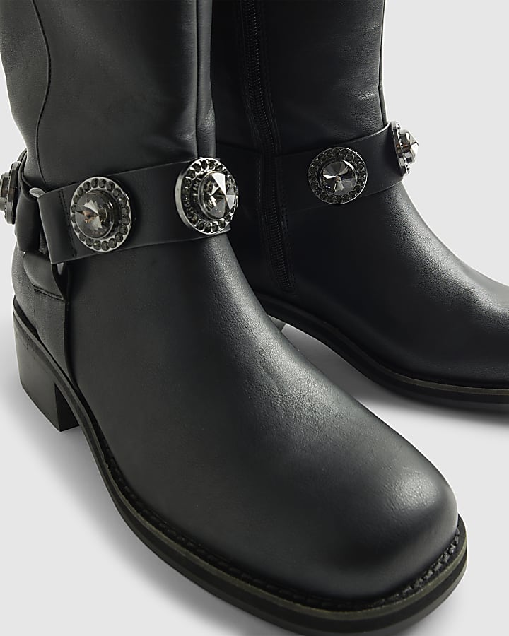 Black Embellished Harness Boots
