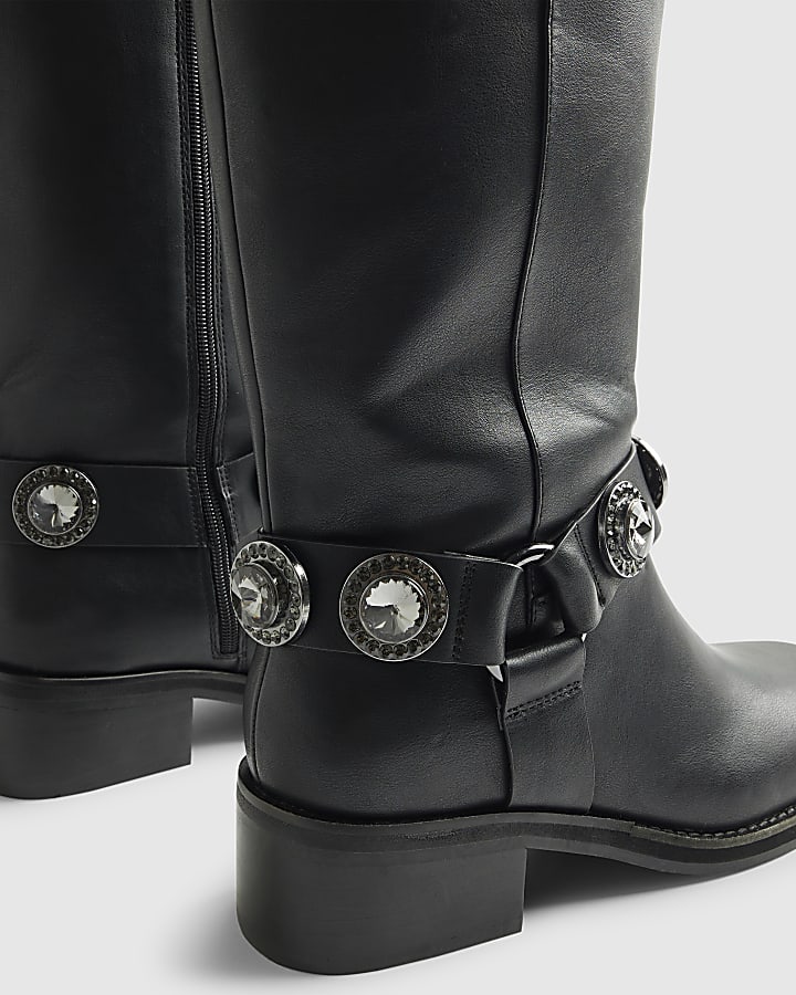 Black Embellished Harness Boots