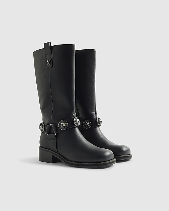 Black Embellished Harness Boots