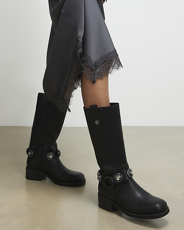 Black Embellished Harness Boots