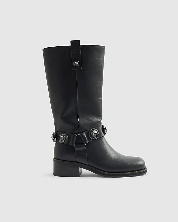 Black Embellished Harness Boots