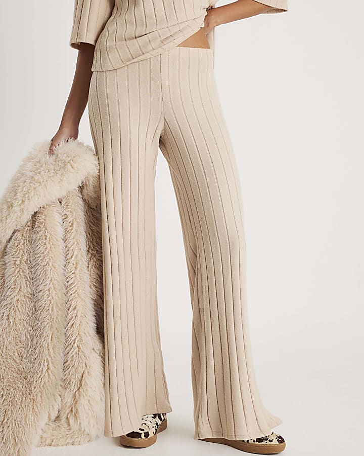 Beige Wide Ribbed Trousers