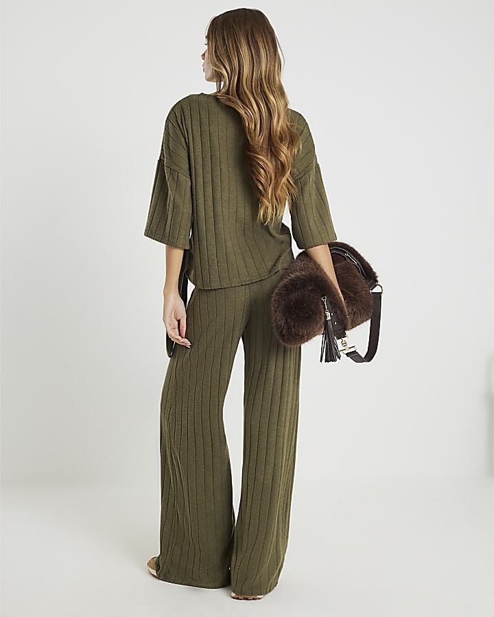 Khaki Cosy Wide Ribbed Trousers