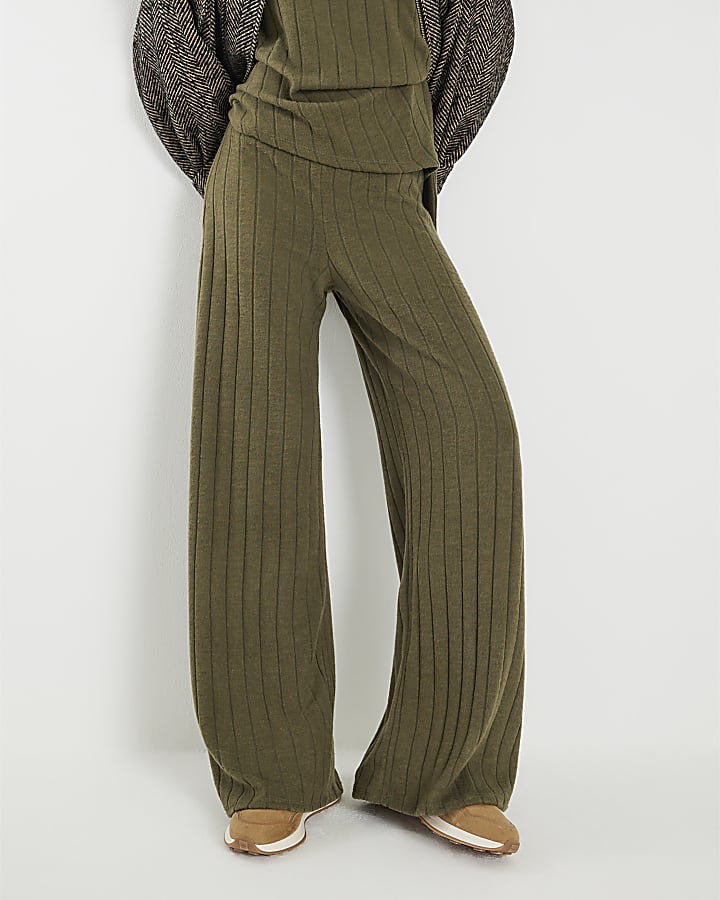 Khaki Cosy Wide Ribbed Trousers
