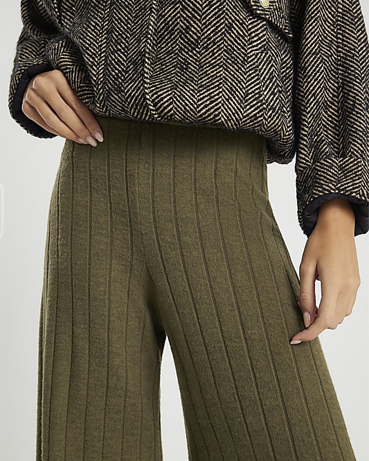 Khaki Cosy Wide Ribbed Trousers