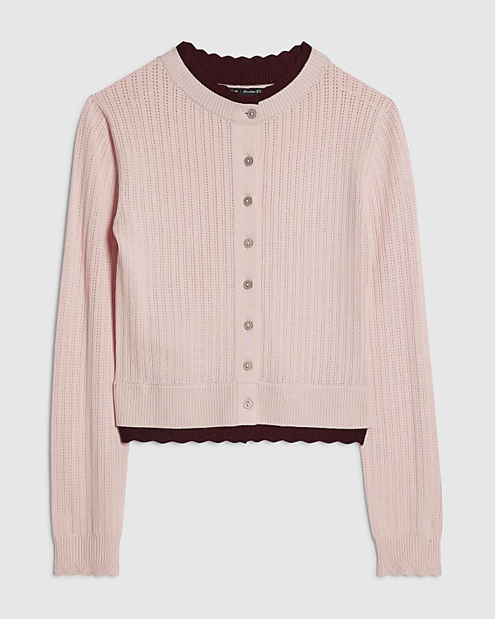 Pink Knitted Scallop Trim Cardigan