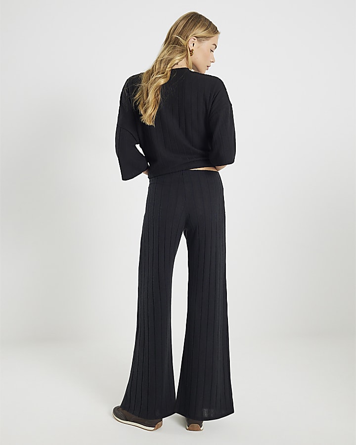 Black Cosy Wide Ribbed Trousers