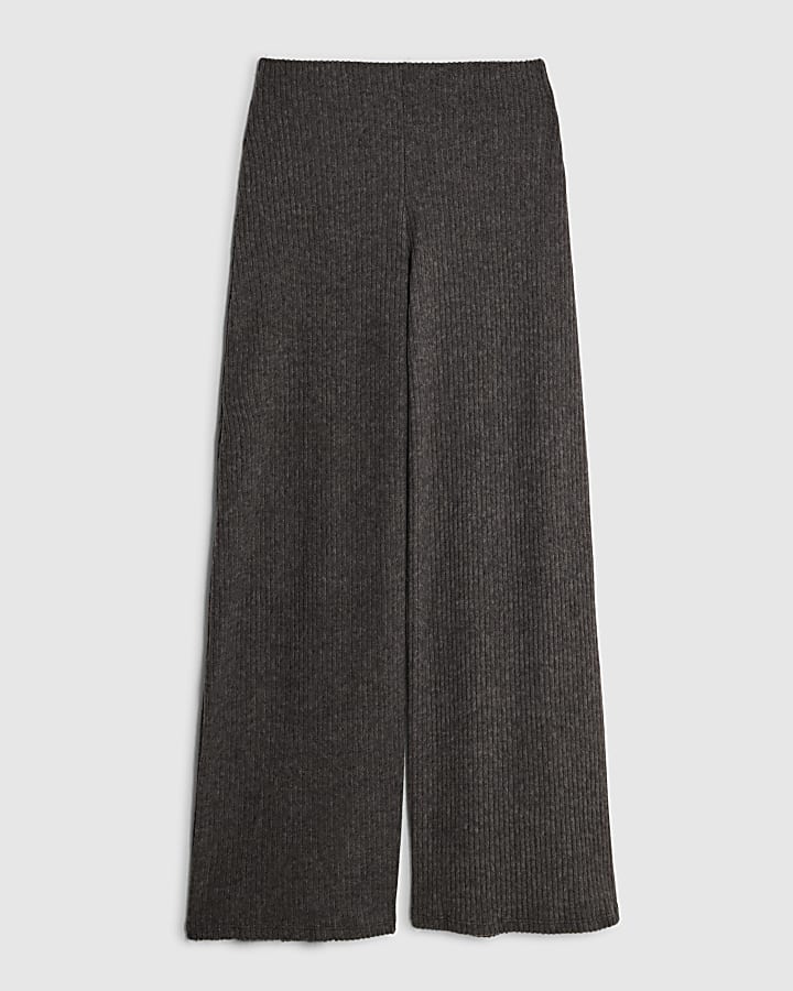 Grey Ribbed Wide Leg Trousers