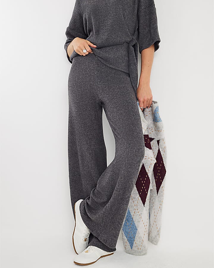 Grey Ribbed Wide Leg Trousers