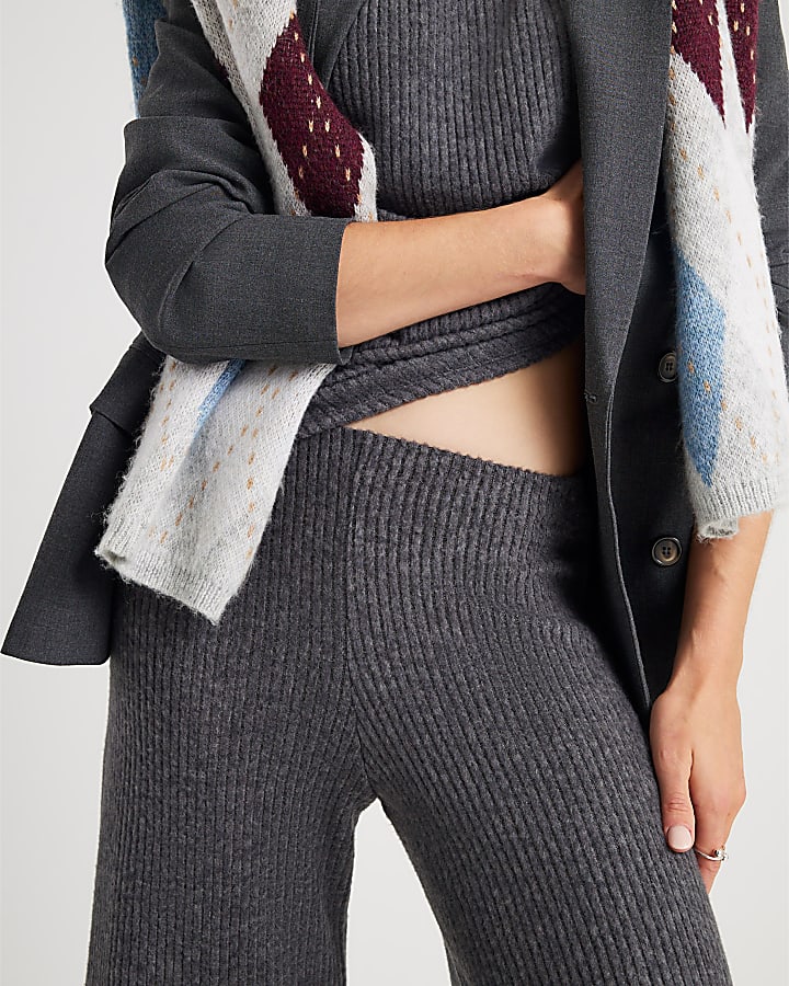 Grey Ribbed Wide Leg Trousers