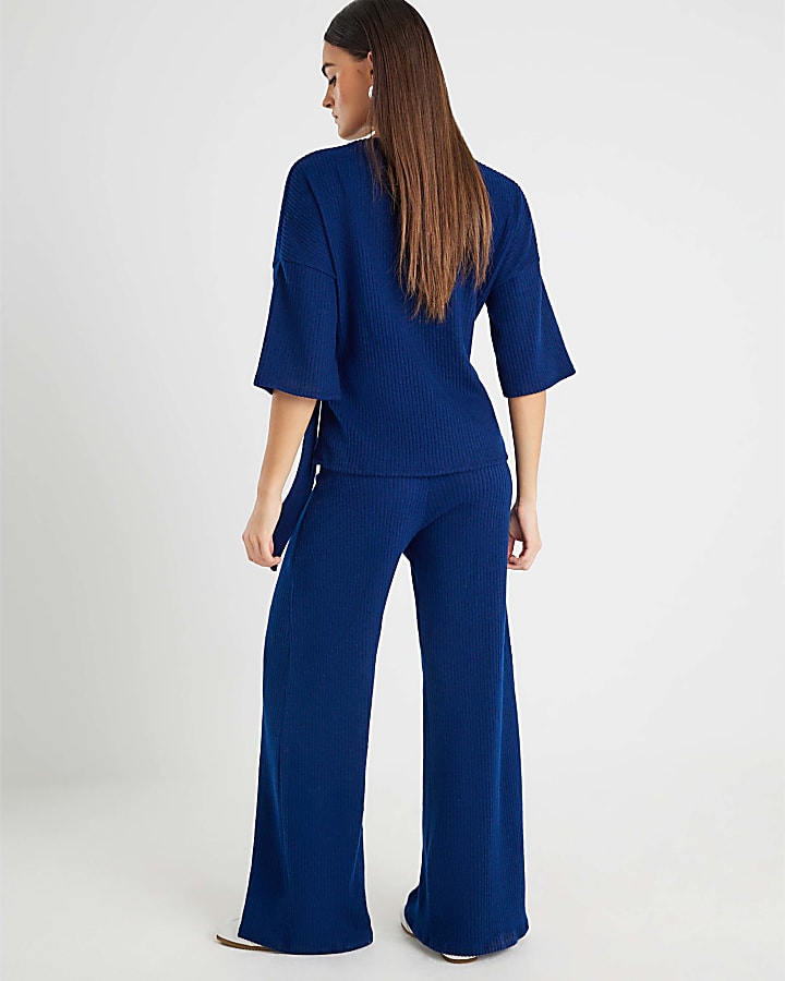 Navy Ribbed Wide Leg Trousers