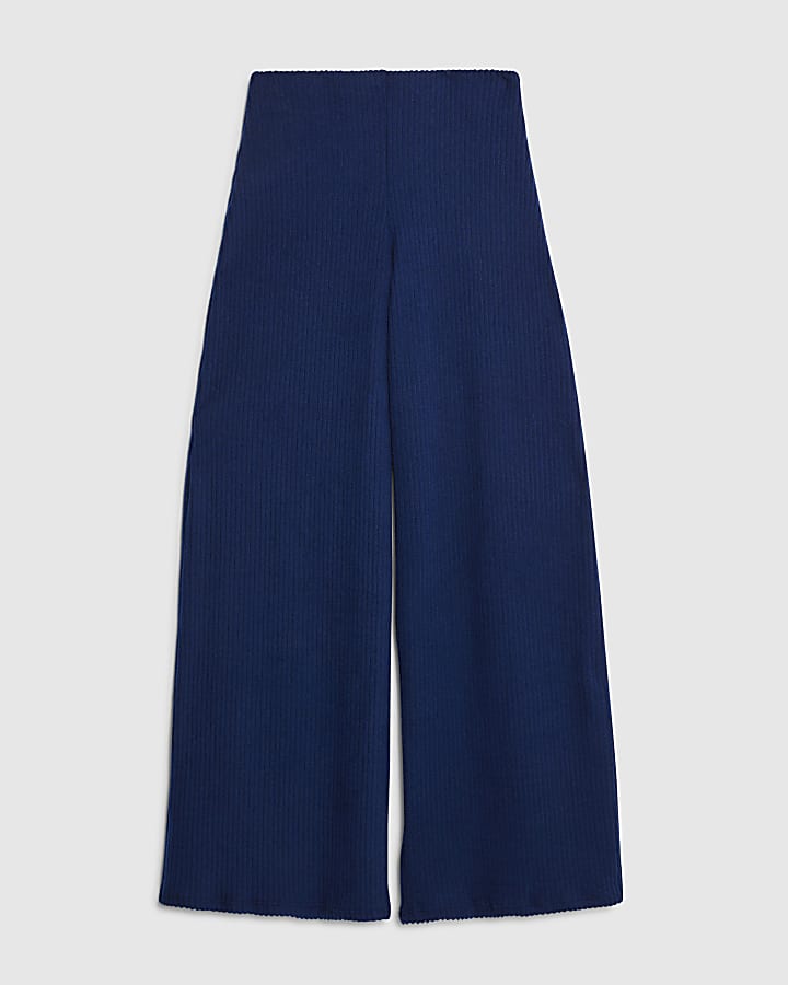 Navy Ribbed Wide Leg Trousers