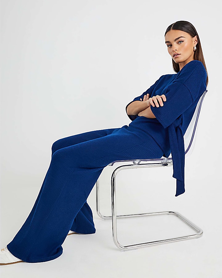 Navy Ribbed Wide Leg Trousers