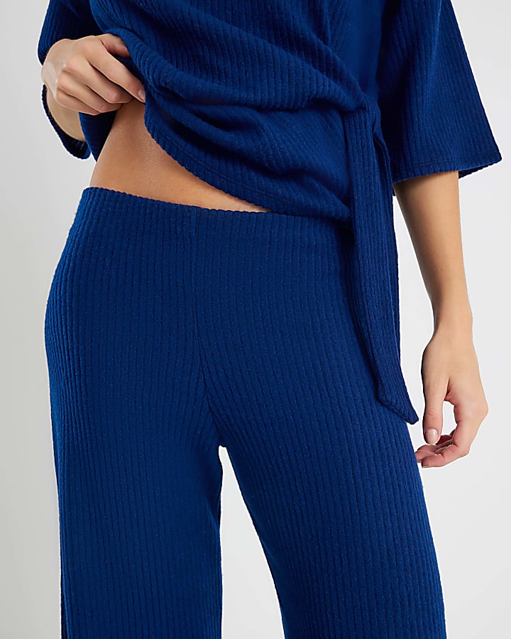 Navy Ribbed Wide Leg Trousers