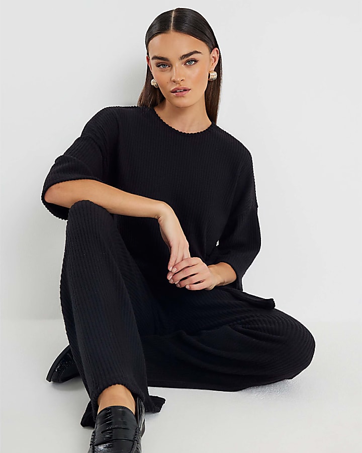 Black Ribbed Wide Leg Trousers