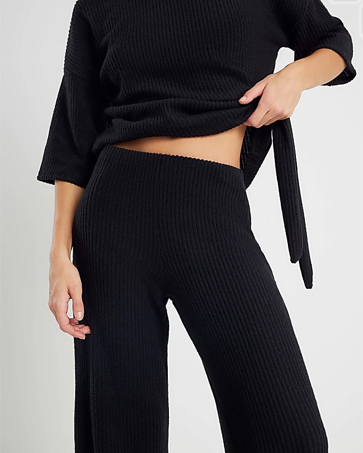Black Ribbed Wide Leg Trousers