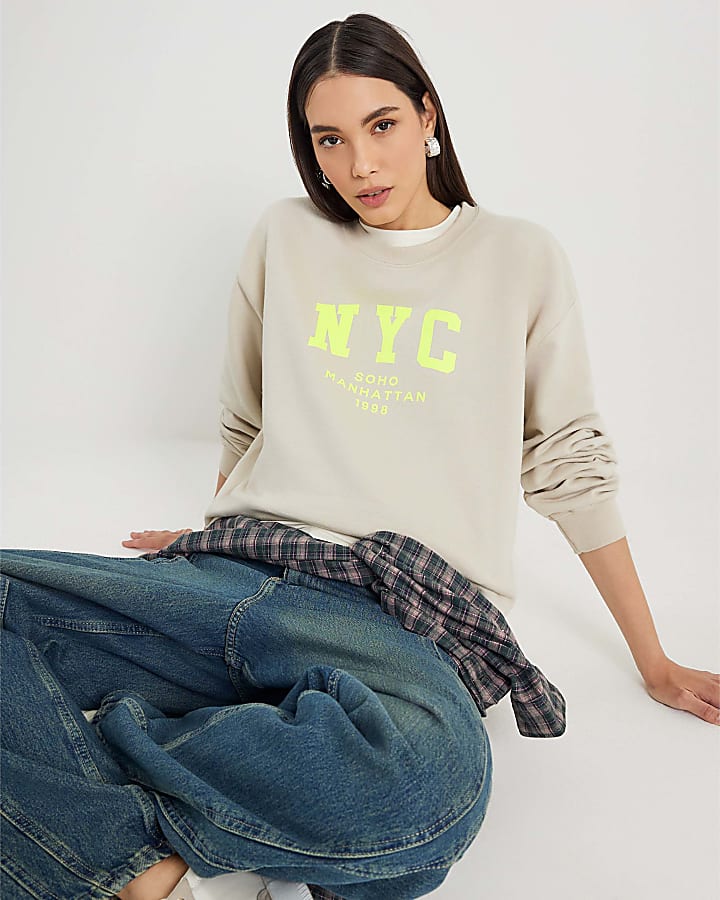 Beige Long Sleeve NYC Print Sweatshirt