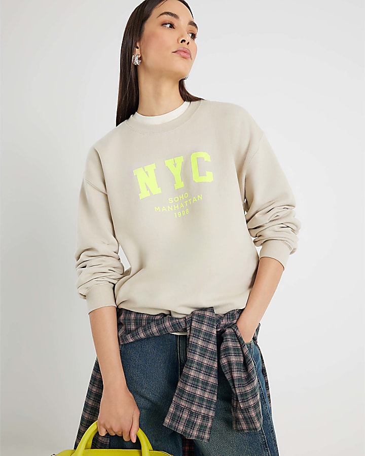 Beige Long Sleeve NYC Print Sweatshirt