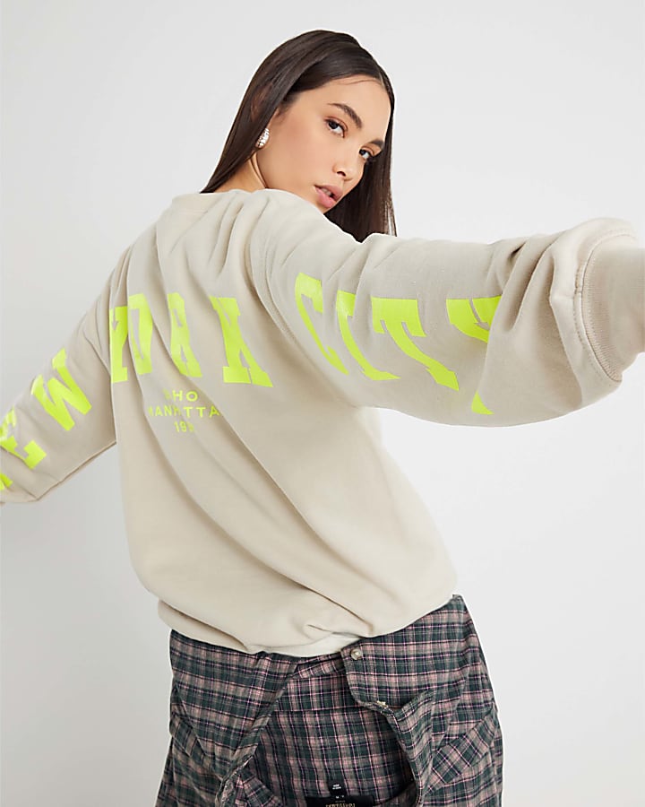 Beige Long Sleeve NYC Print Sweatshirt