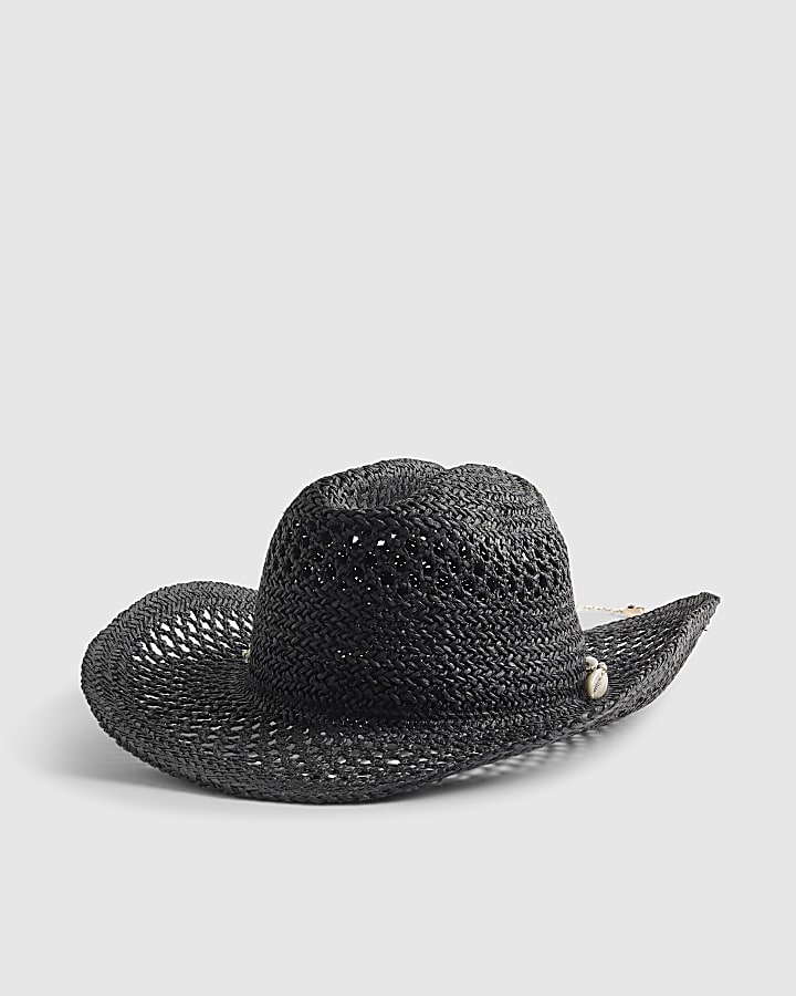 Black Shell Band Raffia Hat