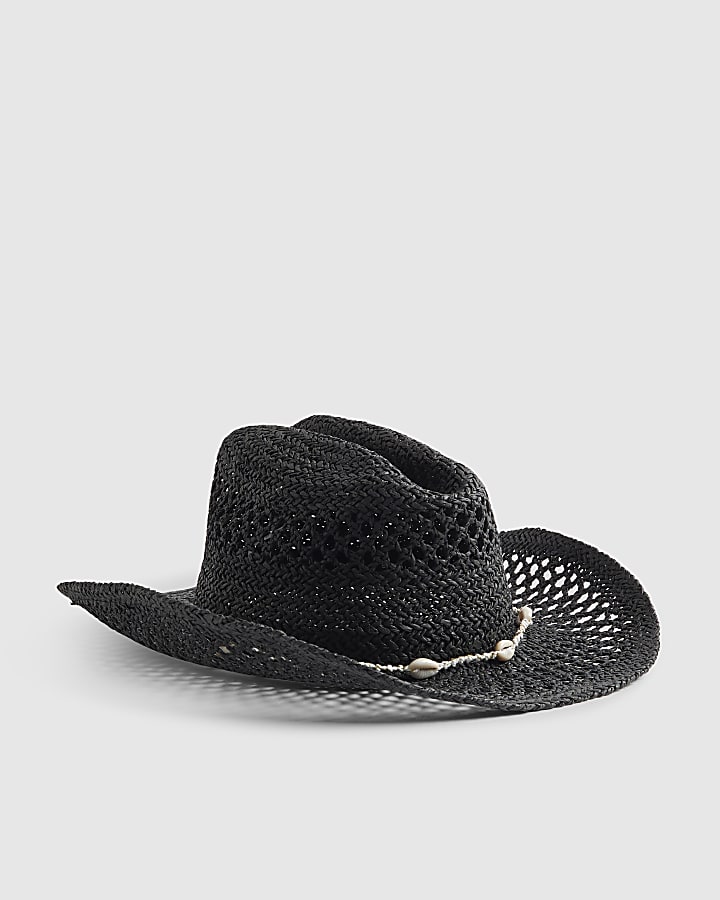 Black Shell Band Raffia Hat