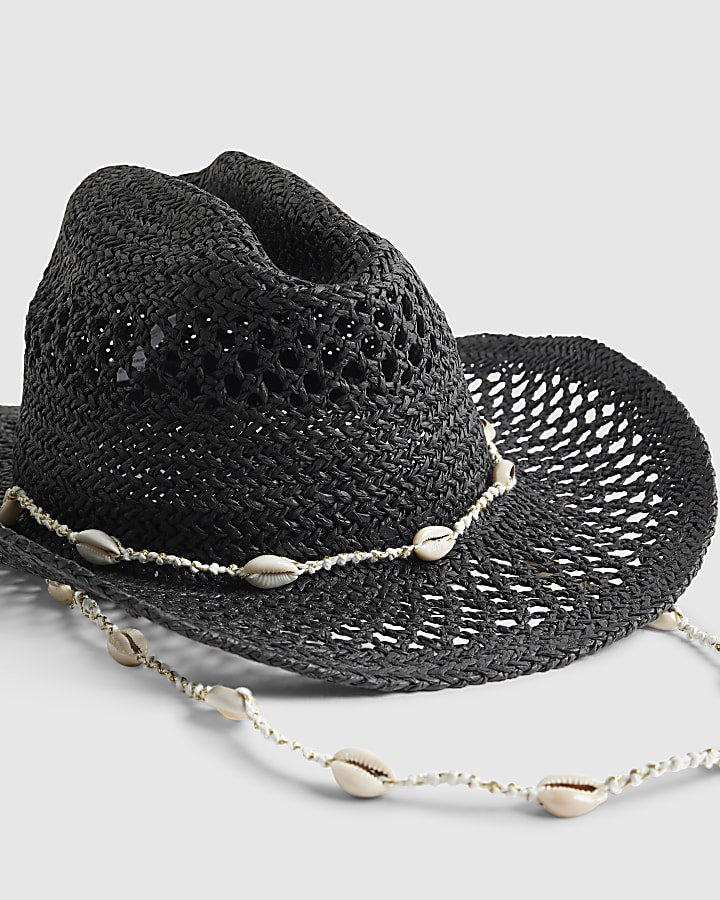 Black Shell Band Raffia Hat